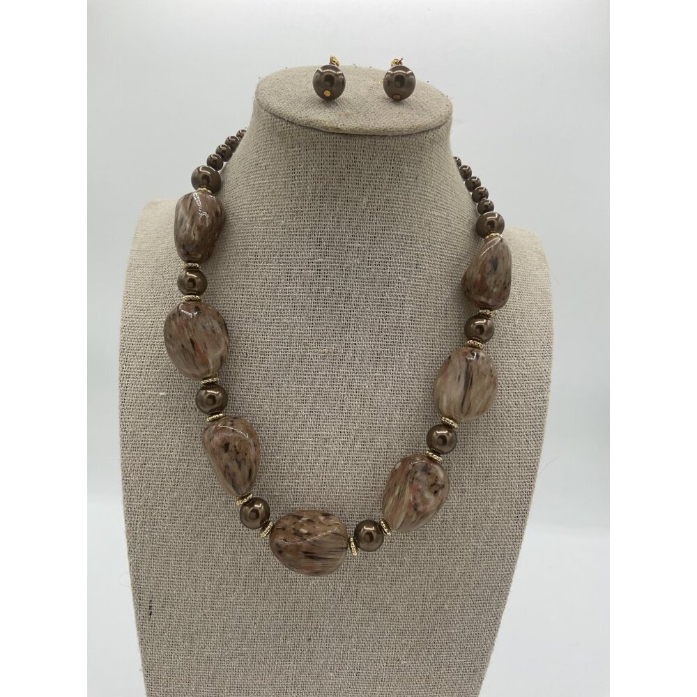 Allegro Brown Beaded Necklace & Earrings Set Lead & Nickel Free